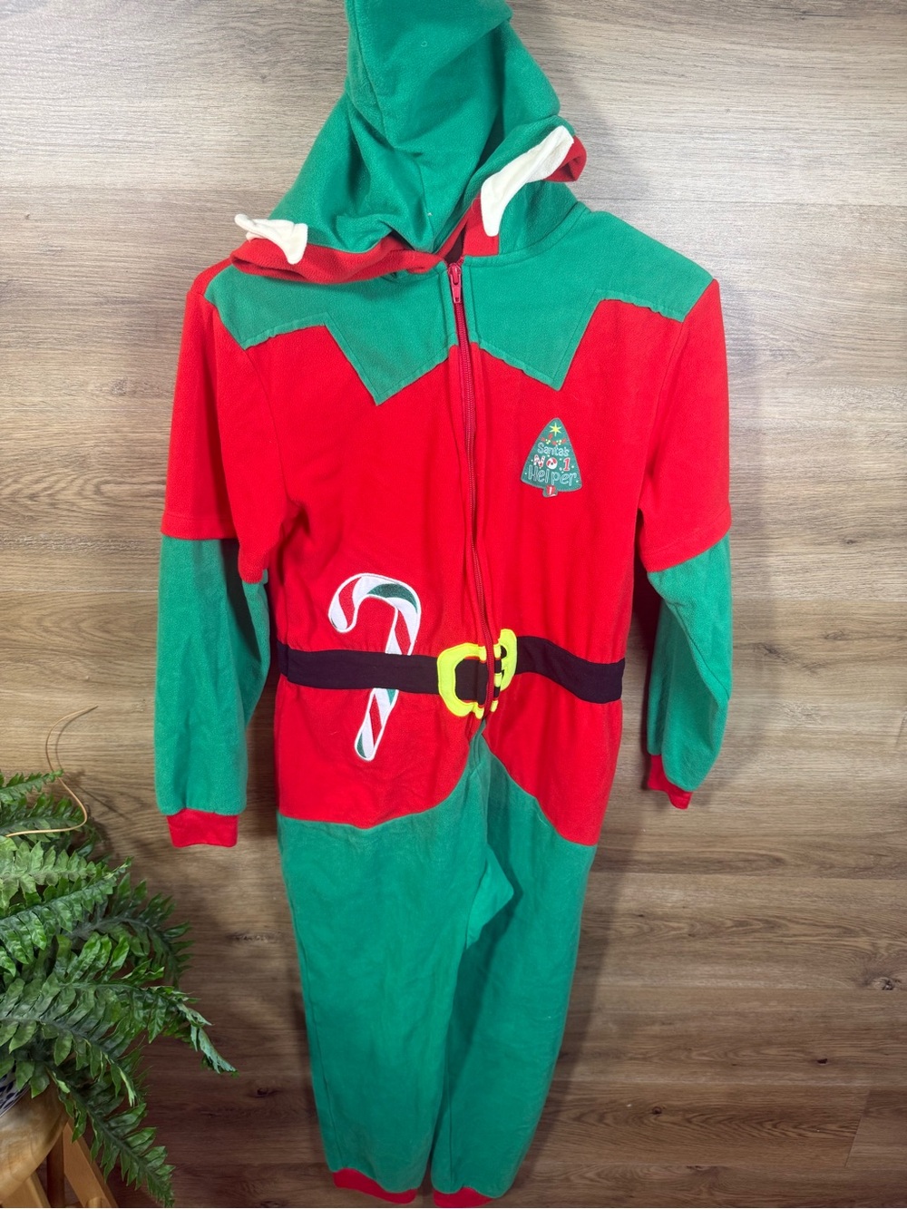 Cat & Jack Red and Green Elf Onesie with Candy Cane Patch